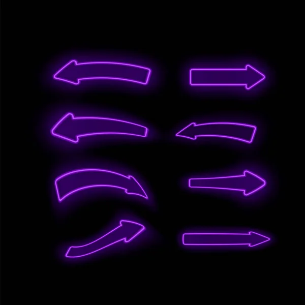 Conjunto Diferentes Flechas Neón Púrpura Aisladas Sobre Fondo Negro — Foto de Stock