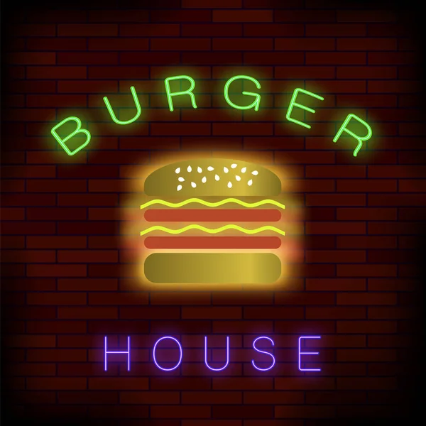 Burger House Neon Kolorowe Podpisać Tle Ciemnej Cegły — Zdjęcie stockowe