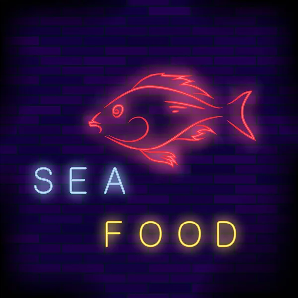 Színes Neon Fish Cafe Bejelentkezés Téglafal Háttér — Stock Fotó