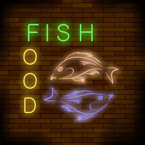 Tuğla Duvar Arka Plan Üzerinde Renkli Neon Balık Gıda Işareti — Stok fotoğraf