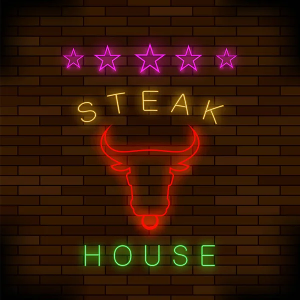 Steak House Néon Signe Coloré Sur Fond Brique Sombre — Photo