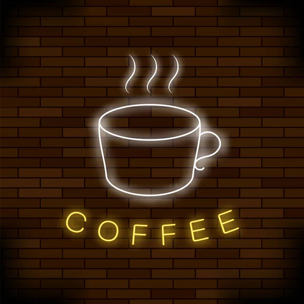 Colored Neon Coffee Cup on Red Brick Background. Night City Banner