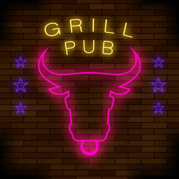 Grill Pub Neon Barevné Označení Pozadí Tmavých Cihel Noční Město — Stock fotografie
