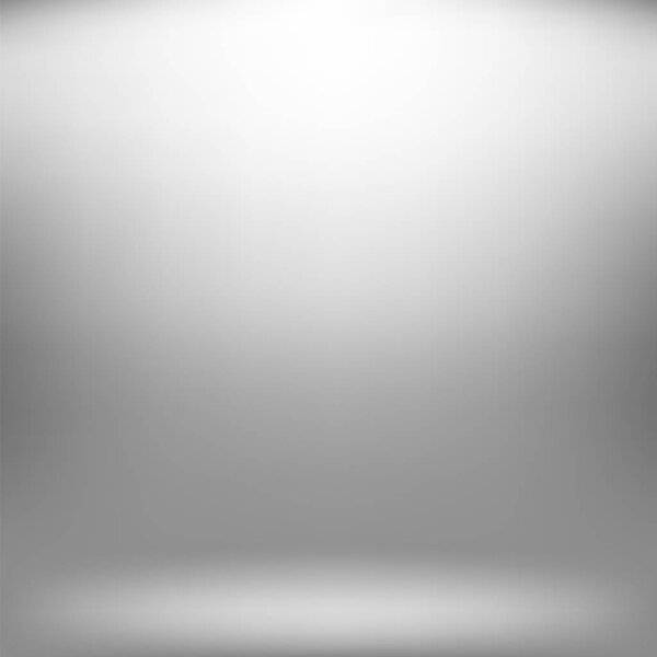 Empty Studio. Light Gray Abstract Background with Radial Gradient Effect. Spotlights Blurred Background. Flat Wall and Floor in Empty Spacious Room Interior for Your Products