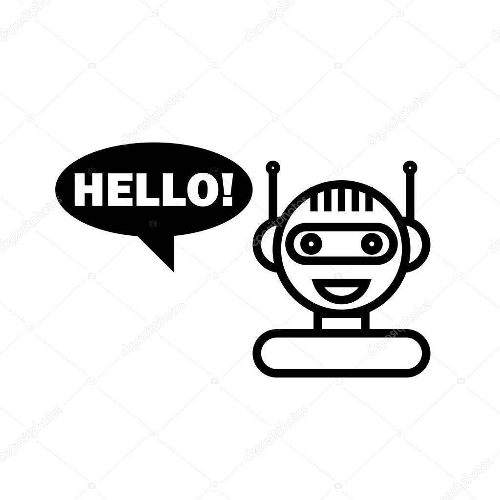 Black Line Chat Bot on White Background. Artificial Intelligence Concept of UI. Cute Smiling Chatbot Icon. Robot Virtual Assistance. Online Consultation.