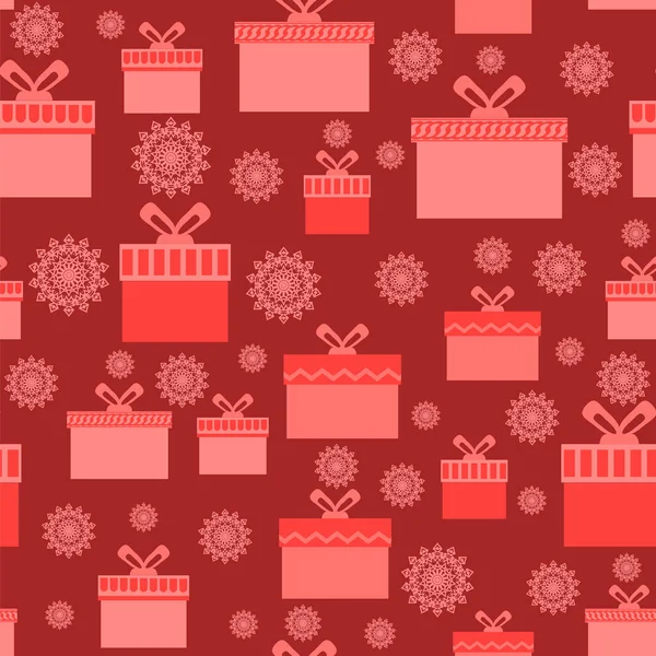Papel Sin Costura Navidad Envoltura Roja Con Diferentes Cajas Copos — Foto de Stock