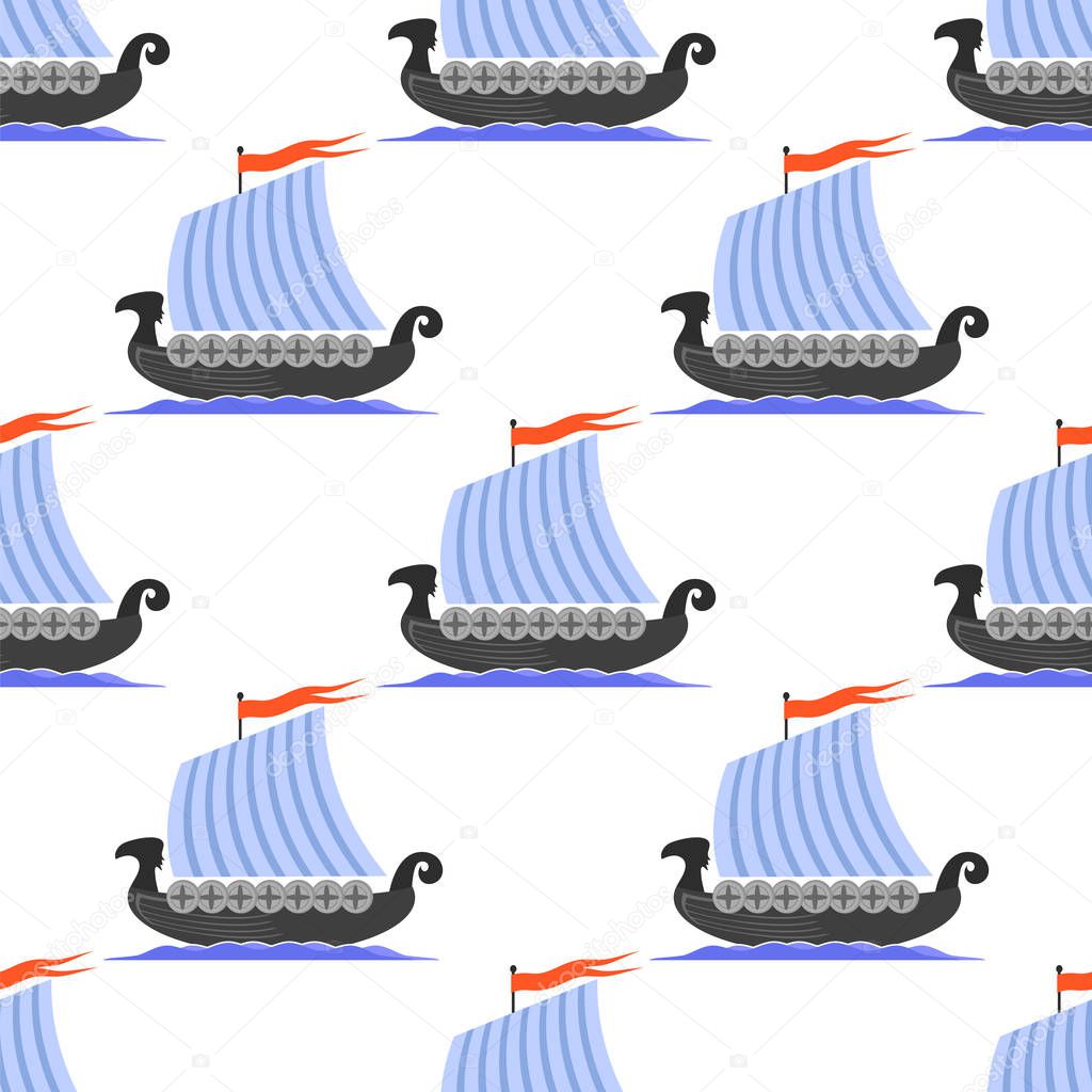 Viking Long Boat Icon Seamless Pattern Isolated on White Background