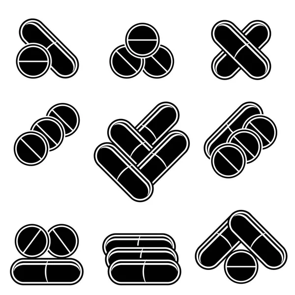 Conjunto de píldoras médicas de color. Conjunto de drogas. Medicamentos Cápsulas de Medicamento. Antibióticos farmacéuticos coloreados . — Archivo Imágenes Vectoriales