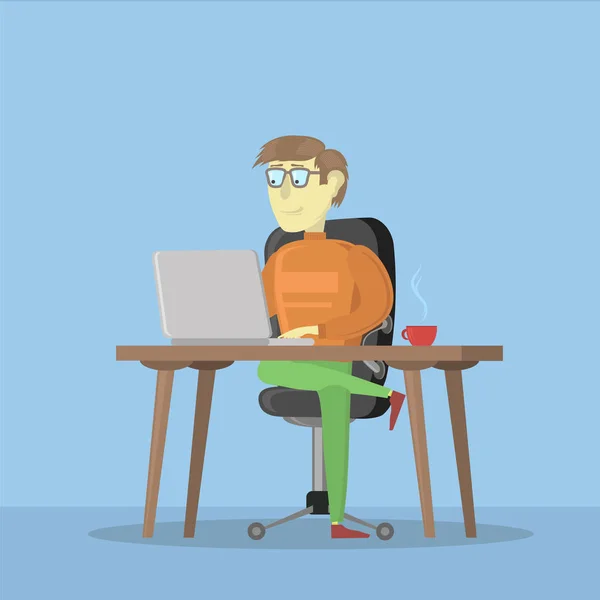 Un uomo che lavora su un computer portatile. Uomo d'affari personaggio dei cartoni animati. Freelancer e la sua icona di processo di lavoro. Lavoro freelance . — Foto Stock