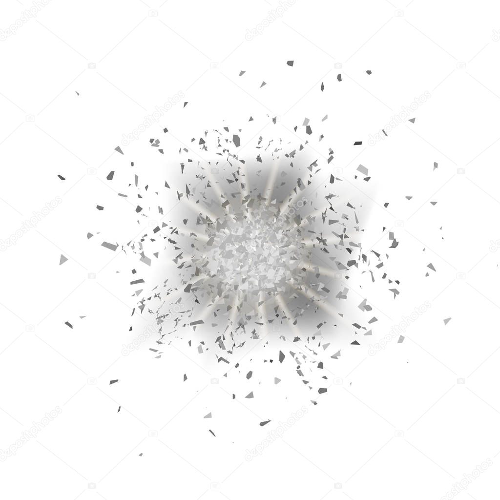 Explosion Cloud of Grey Pieces. Sharp Particles Randomly Fly in the Air.