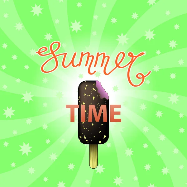 Lettering Summer Time Text with Ice Cream on Green Swirl Starry Backgground. Sinal de tipografia de verão esboçado à mão — Vetor de Stock