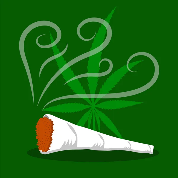 Зеленый лист конопли. Употребление наркотиков, употребление марихуаны. Горящий сустав — стоковый вектор