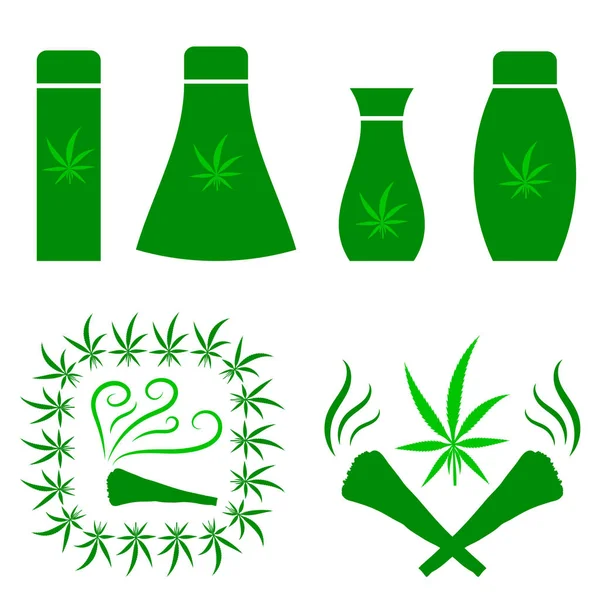 Green Cannabis Leaves Frame. Consumo de drogas, uso médico de marihuana. Icono conjunto de combustión — Archivo Imágenes Vectoriales