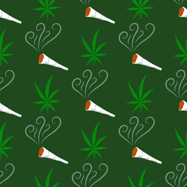 Grünes Cannabis hinterlässt nahtlose Muster. Drogenkonsum, Marihuana-Konsum. Brennender Joint. — Stockvektor