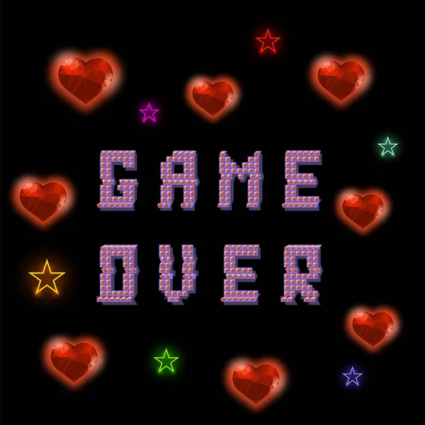 Pixelspiel über ein Schild mit Herzen auf schwarzem Hintergrund. Spielkonzept. Farbige Panne desin. Videospielbildschirm. — Stockvektor