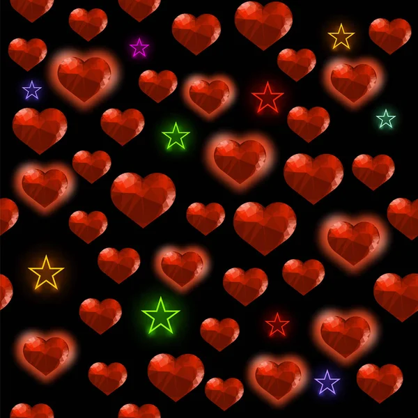 Siyah Arka Plan Üzerinde Renkli Yıldız Rastgele Dikişsiz Desen ile Kırmızı Poligonal Kalp — Stok fotoğraf