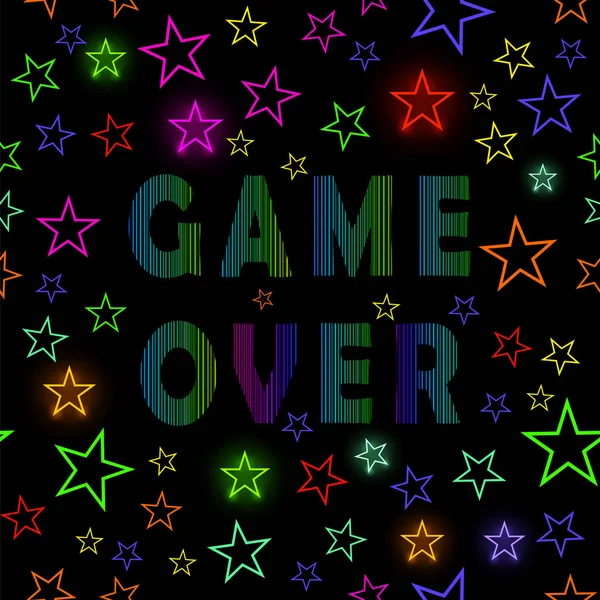 Retro Game Over Neon Assine Starry Background. Conceito de Jogo. Tela do jogo de vídeo . — Vetor de Stock