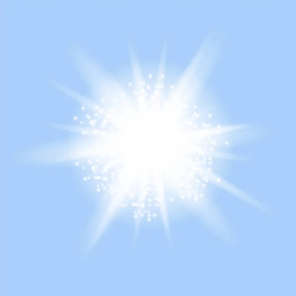 Блестящая звезда, светящийся свет взрывов. Starburst с блестками на голубом фоне — стоковый вектор