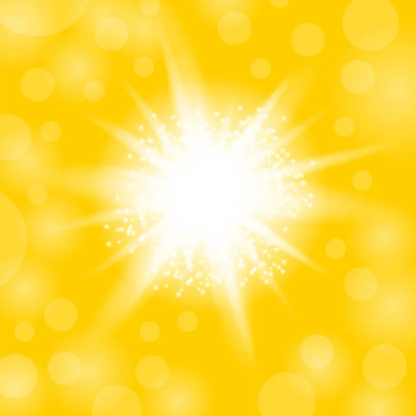 Estrella Brillante, Explosión Luz Brillante. Estallido con chispas sobre fondo amarillo — Vector de stock