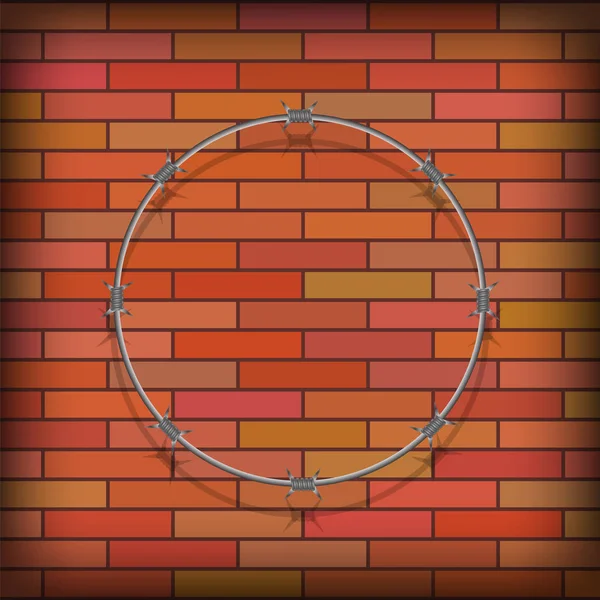 붉은 벽돌 배경에 철조망 원. 양식에 일치시키는 감옥 개념. 자유가 아닌 상징. 금속 프레임 원형 — 스톡 벡터