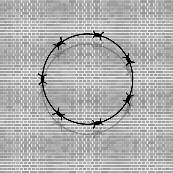 Barbed Wire Circle on Grey Brick Background. Stylized Prison Concept. Symbol of Not Freedom. Metal Frame Round — Stock Vector