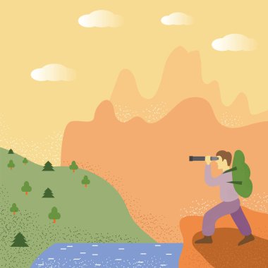 Explorer gibi yanında durmak. Adam Orman'a bakıyor. Seyahat Kavramı, Macera Turizmi. Sırt Çantası ile Gezgin.