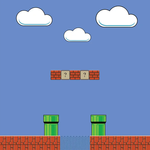 Old Game Background. Classic Retro Arcade Design with Green Pipe and Red Brick. Pixel Video-Game Scenery.
