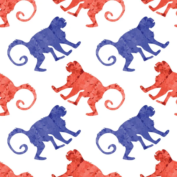 Red Blue Monkey Seamless Pattern. Wild Tropical Mammal Animal Ape Icon. Symbol of Zodiac. Gorilla Polygonal Silhouette. — Stock Vector