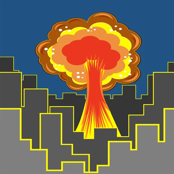 Nucleaire uitbarsting in de stad. Cartoon bom explosie in het centrum. Radioactief atoom vermogen. Symbool van oorlog. Grote paddestoel wolk — Stockvector