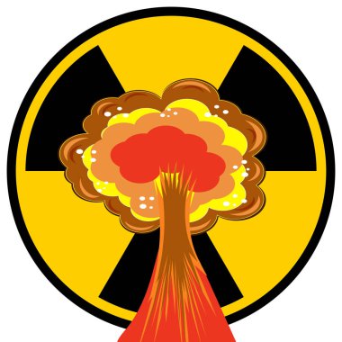 Nükleer patlama. Karikatür Bomba Patlama. Radyoaktif Atomik Güç. Mantar Bulutu. Iyonlaştırıcı Radyasyon İşareti.