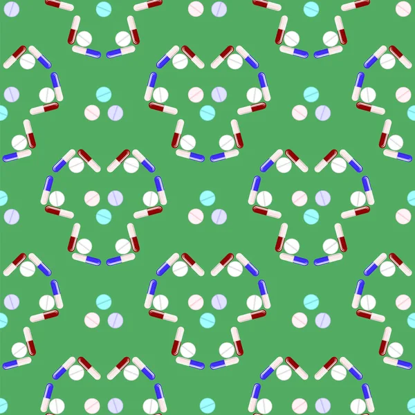 Pilules colorées motif sans couture isolé sur fond vert. Texture médicale — Image vectorielle