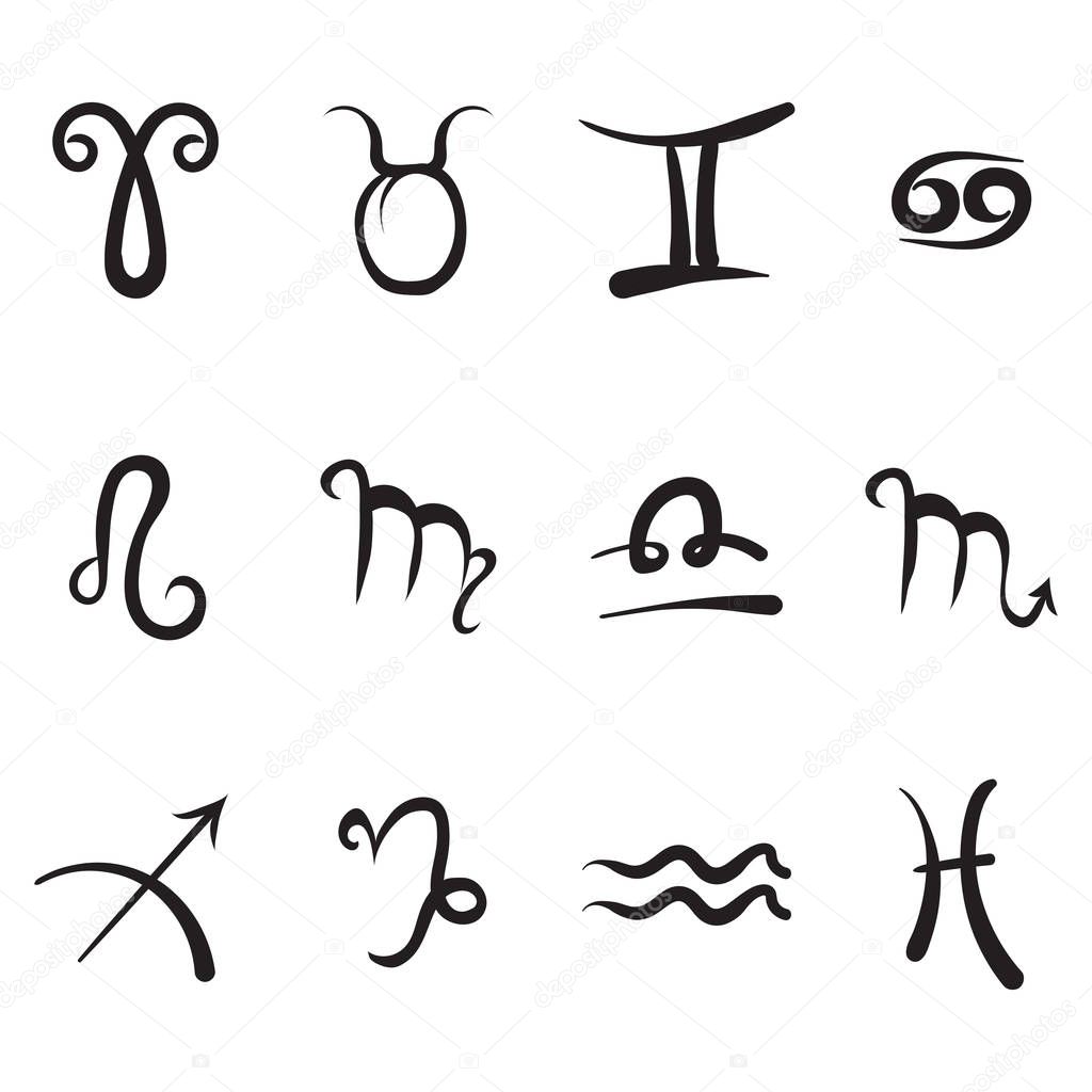 Set of Zodiac Icons Isolated on White Background. Astrological Symbols. Horoscope Elements
