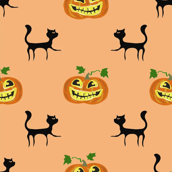 핼러윈 장식에는 오렌지색 배경에 검은 고양이와 호박이 붙어 있는 솔기없는 무늬가 있다 — 스톡 벡터