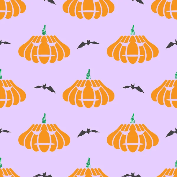 Decoração de Halloween Padrão sem costura com abóbora e morcego isolado em fundo roxo —  Vetores de Stock