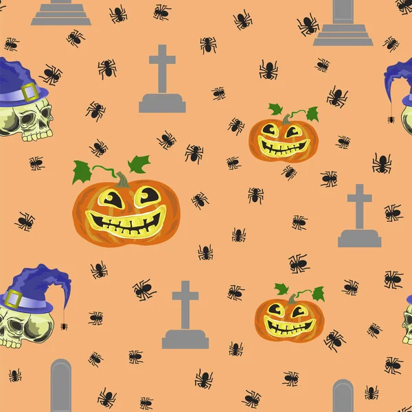 Patrón inconsútil de decoración de Halloween de trama con calabaza aislada sobre fondo naranja —  Fotos de Stock