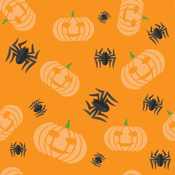 Patrón sin costura de decoración de Halloween con calabaza natural y araña aislada sobre fondo naranja — Vector de stock