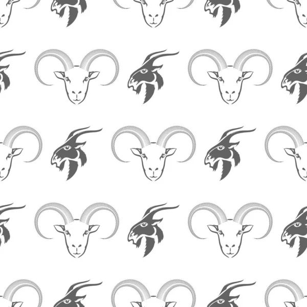Horned Goats Seamless Pattern Isolated on White Background. Grey Silhouette of Ram — Stock Vector