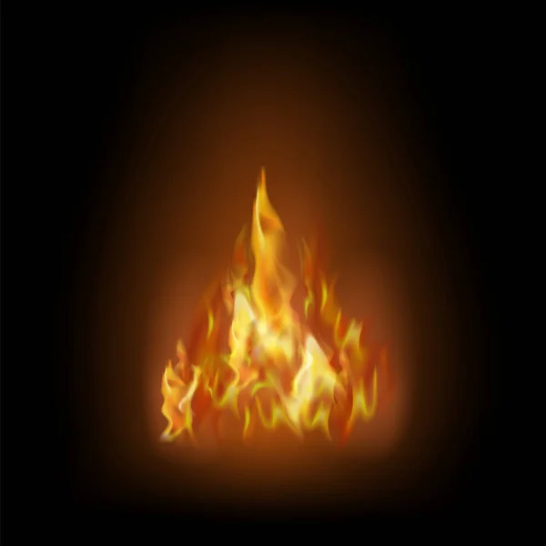 Flamme isoliert über schwarzem Hintergrund. glühendes rot-gelbes Feuer mit fliegender Glut — Stockvektor