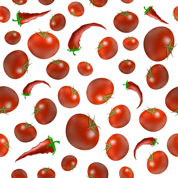 Red Ripe Tomato dan Pepper Seamless Pattern Terisolasi di White Background. Tekstur Organik Sayuran - Stok Vektor