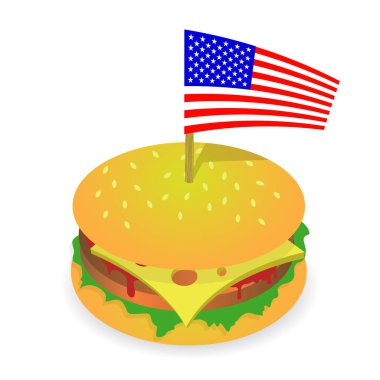 Sokak Fast Food. Taze Hamburger ve Amerikan Bayrağı. Sağlıksız yüksek kalorili yemek. Peynirli sandviç.