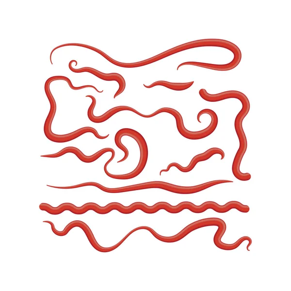Kırmızı ketçap serpintisi. Barbekü için domates sosu. Yiyecek katkı maddesi ve baharat. 3D Illustration. Damlalar ve Damlalar. — Stok Vektör