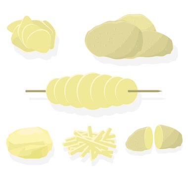 Kızarmış cips ve patates. Tam, Dilimler, Yarısı, Lobule, Patates Çemberi. Lezzetli Sebze. Fast Food çerezi. Organik Gıda