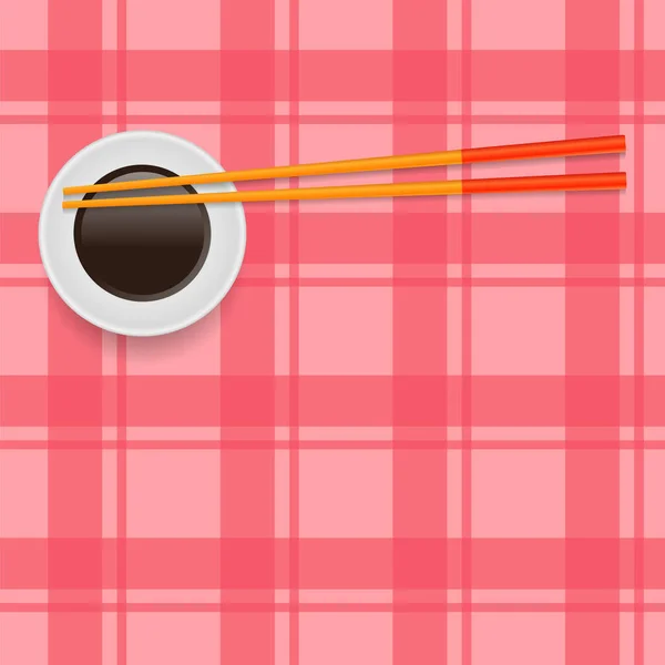 红场背景下的酱汁与传统的亚洲特色食品筷子 — 图库矢量图片