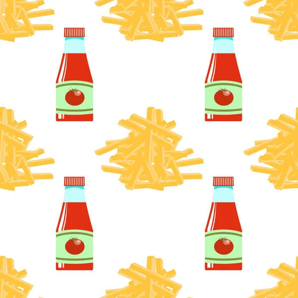 Papas fritas y ketchup. Patrón de patatas fritas sin costura. Verduras sabrosas. Snack de comida rápida. Comida orgánica. Ilustración 3d . —  Fotos de Stock