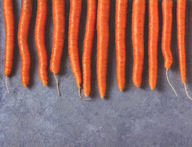 Gri beton zemin üzerine taze çiğ havuç.