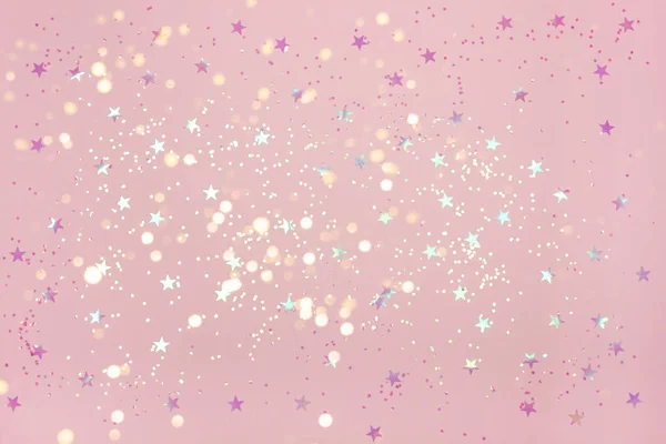 Delicate Pink Christmas Background Beautiful Pink Confetti Top View Copy — Stock Photo, Image