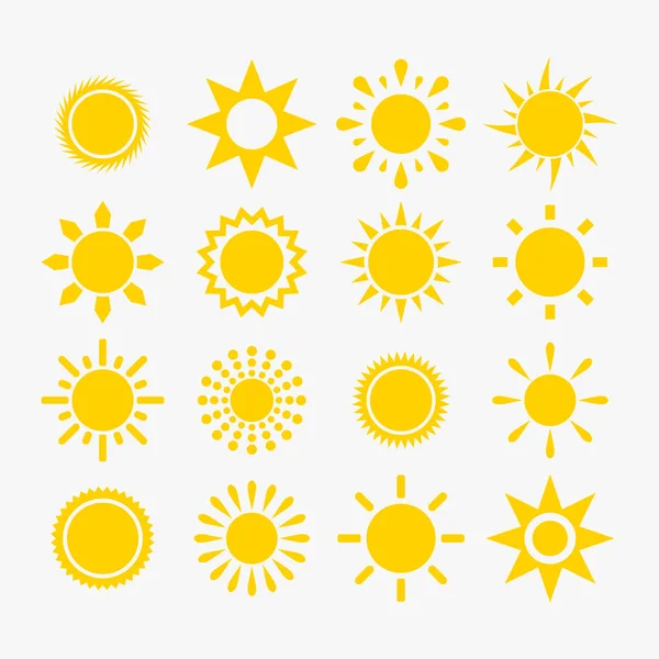 Sol Luz Verano Calor Amarillo Haz Estrellas Iconos Conjunto Aislado — Vector de stock