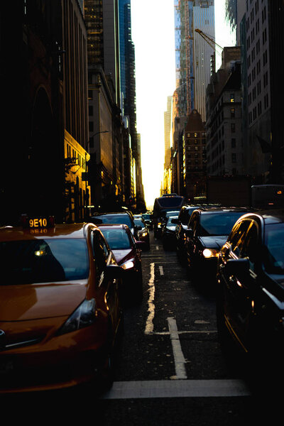 The street view of Manhattanhenge on 57th street in Manhattan.