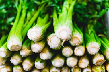 Bir kaç farklı sap kereviz üst üste yığılmış.