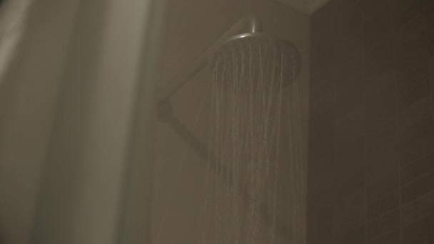 Het water stroomt onder de douche, heet water, alles is in mist — Stockvideo